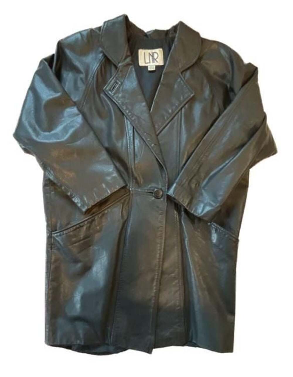 Vintage 90s LNR Black Genuine Leather Single-Button Long Coat Jacket